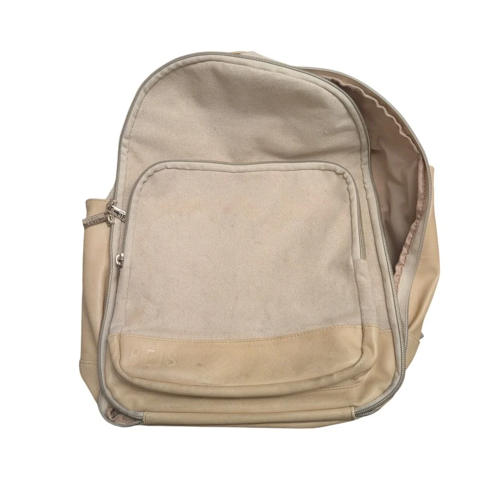 READ* BEIS The Travel Backpack Beige Canvas Commuter Bag Carry On FLAWED*